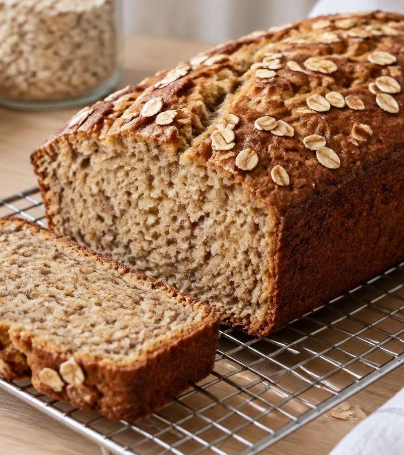 Receita de bolo de banana e aveia numa forma de bolo inglês, adoçado com banana madura e mel opcional. Quantidades, tempo de forno e conservação.