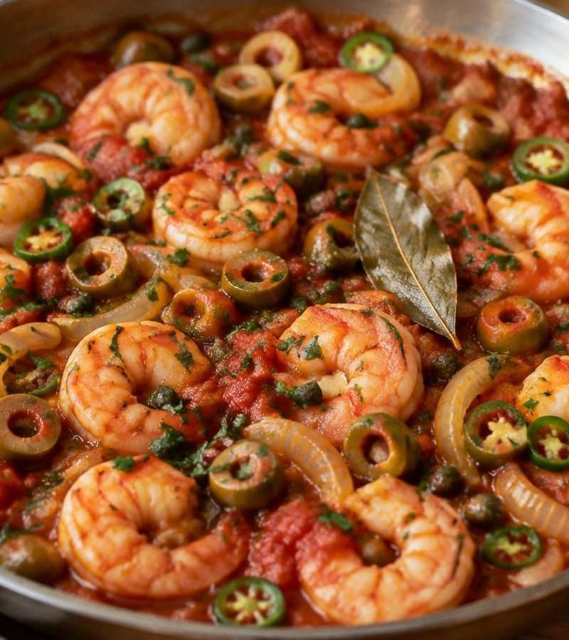 Receita de camarões à Veracruzana com tomate, azeitonas e alcaparras, pronta em 25 minutos. Quantidades, passos e dicas para o camarão não ficar rijo.