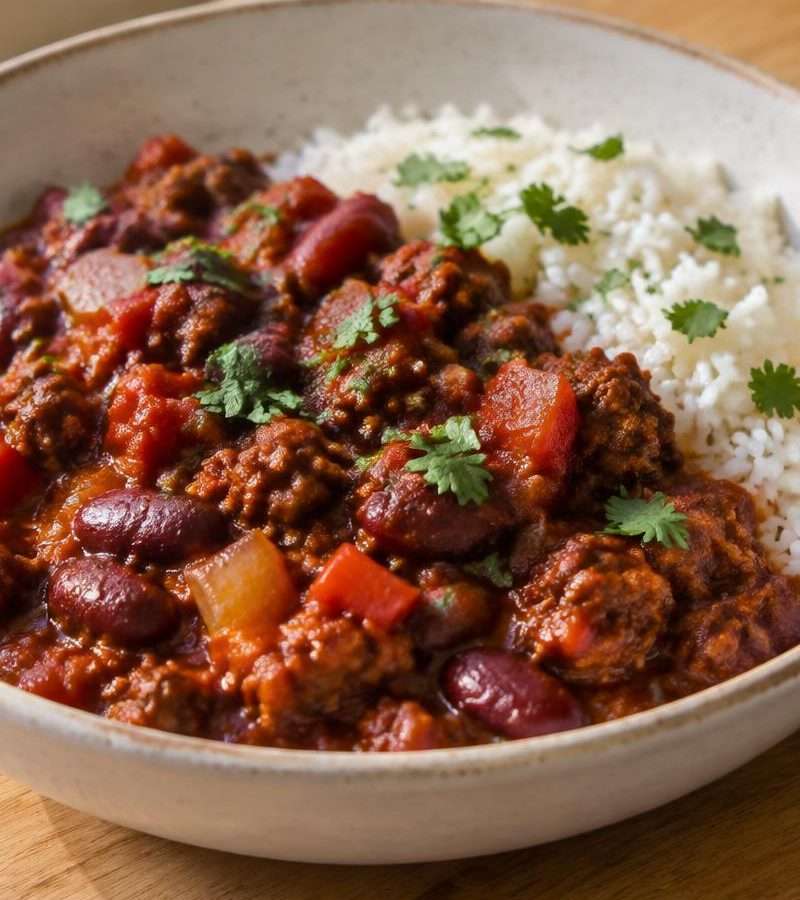 Receita de chili com carne picada, feijão vermelho e tomate, para 2 pessoas. Quantidades, passos, como ajustar o picante e como congelar.