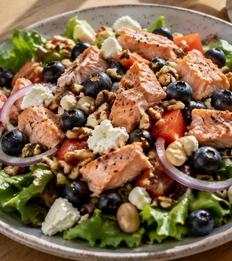 Receita de salada de salmão com mirtilos, feijão branco, feta e nozes, para 2 pessoas em 20 minutos. Quantidades, passos e dicas para o ponto do salmão.